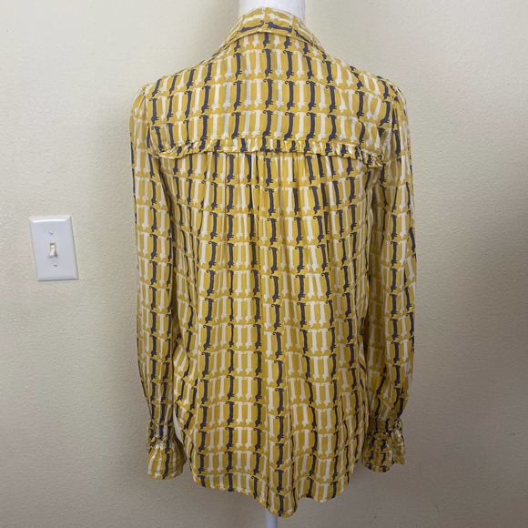 Maeve By Anthropologie Dog Print Yellow Satin Bell Sleeve Button Up long Sleeve - Picture 7 of 12